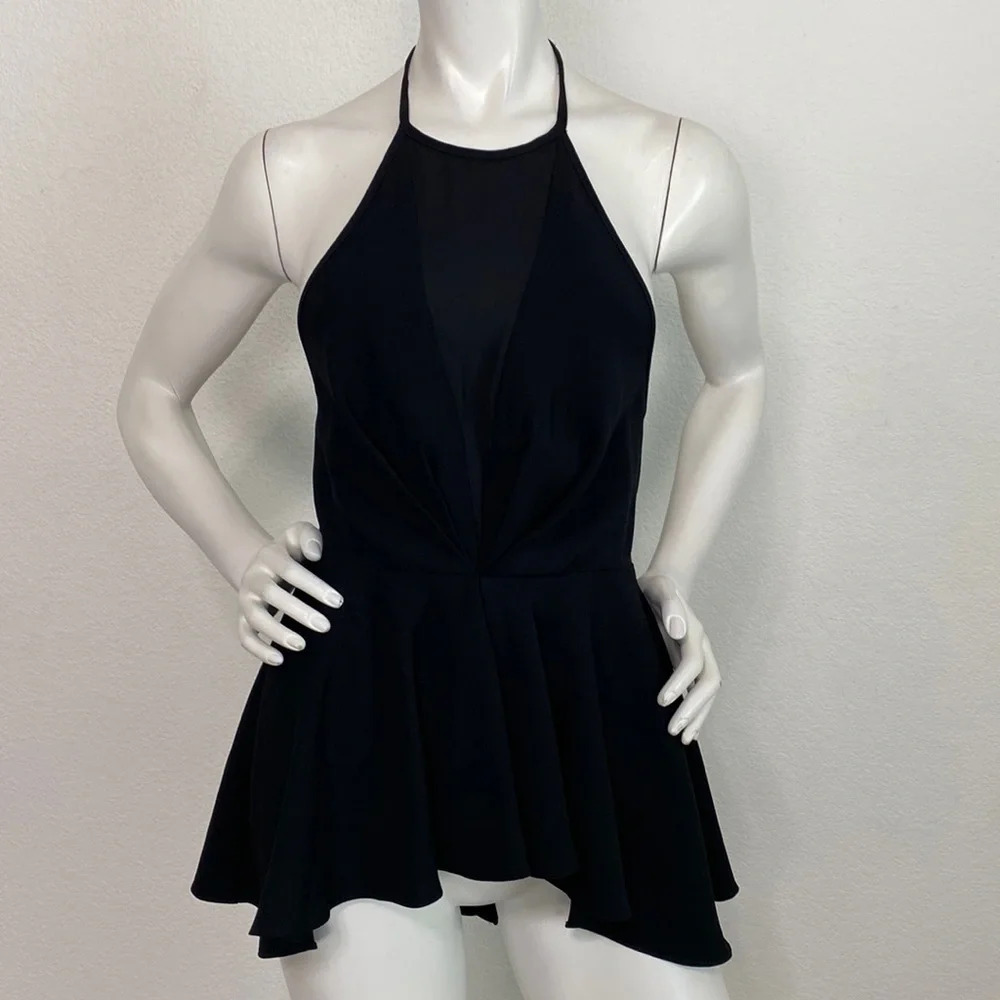 Do + Be "NEW" Black Sheer Plunge Open Back Peplum Halter Top Blouse Size Large